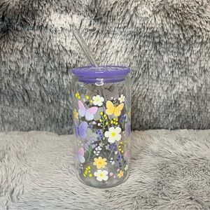 Purple Floral and Butterfly Glass Tumbler with Straw